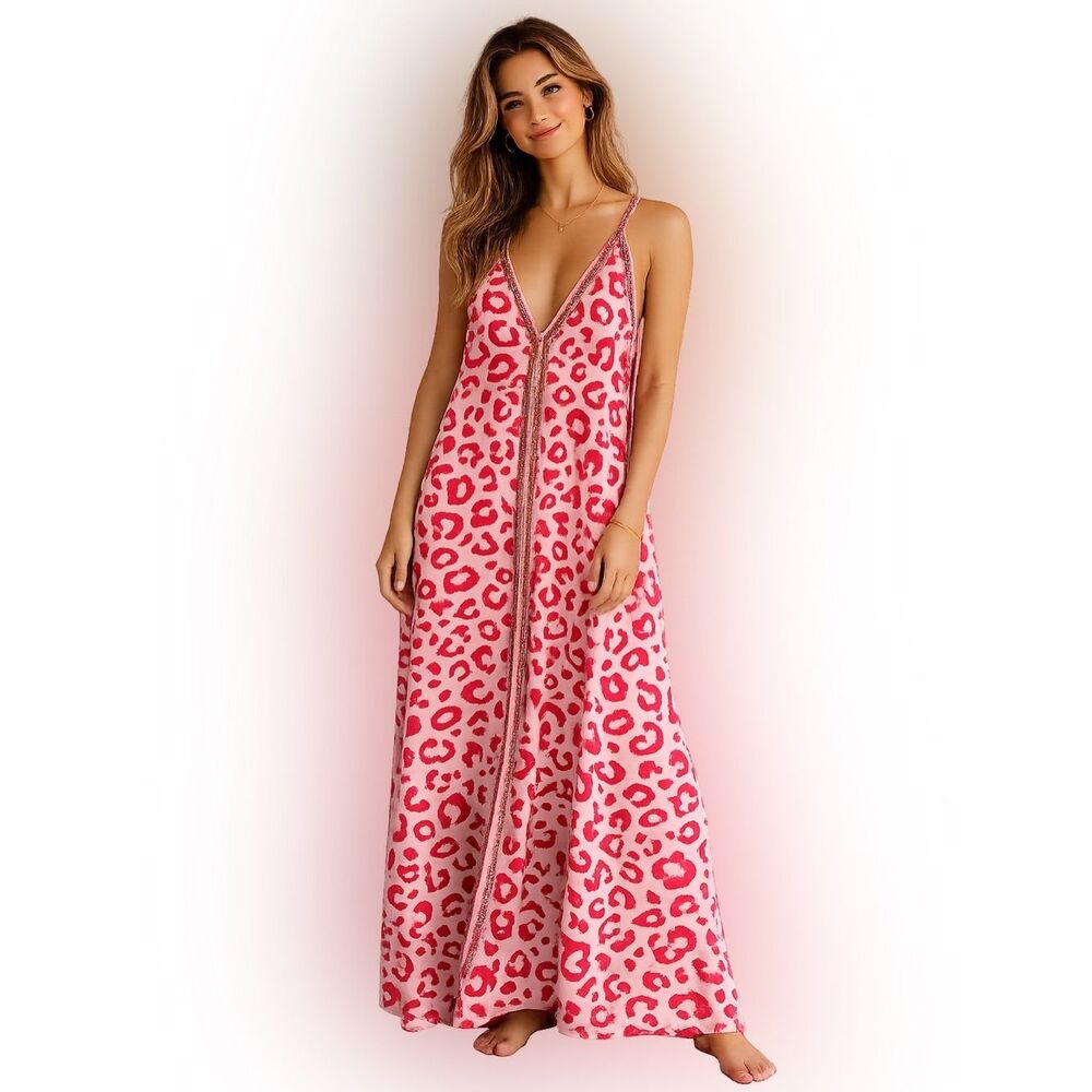 Pitusa Pink Leopard Print Maxi Dress Petite Boho Resort Beach
